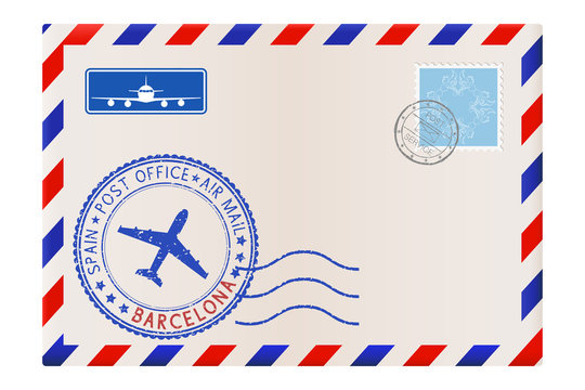Envelope with Barcelona stamp. International mail postage with postmark and stamps