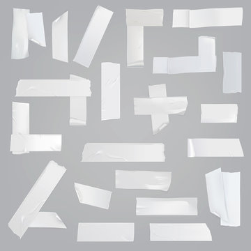 White adhesive tape various pieces with wrinkles, curved and torn edges isolated realistic vector illustrations set. Different size, glued at angles, cut off strips of sticky tape element collection