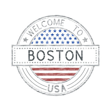 Welcome to Boston, USA. Colored tourist stamp with US national flag