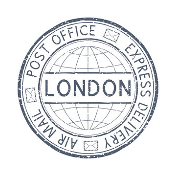 Postal stamp with LONDON title. Round gray postmark