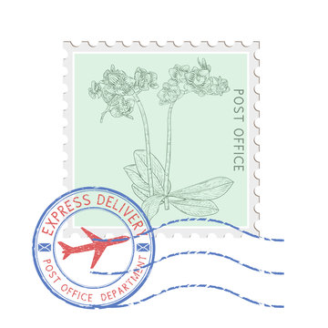 Postal stamp with flower and blue round postmark