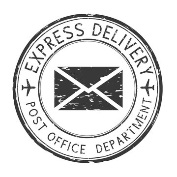 Express delivery black round postmark. Scratched postal element with envelope