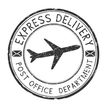 Express delivery black round postmark with airplane symbol. Scratched postal element with envelope
