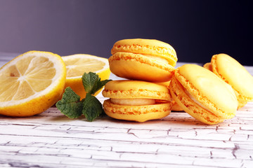 Sweet and colourful french macaroons or macaron with lemon
