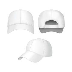 Realistic 3d White Baseball Cap Set. Vector