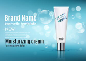 A beautiful cosmetic template for ads, 3d realistic white cosmetic tube design for moisturizing cream on a blue shiny background with water bubbles