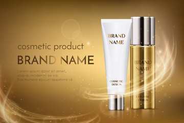 A beautiful cosmetic template for ads, golden bottle hair oil with white cosmetic tube design on a gold shiny background with bokeh and lighting flare effect
