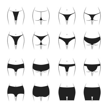 Black Silhouettes Woman Panties Thin Line Set. Vector