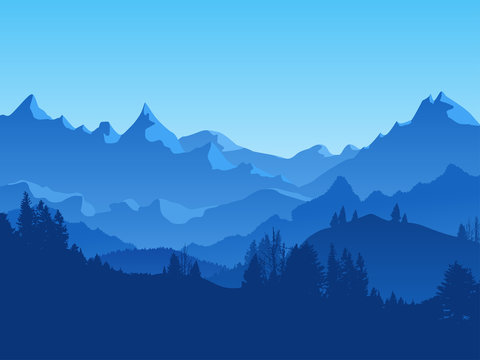 Cartoon Mountains and Forest Landscape Background. Vector