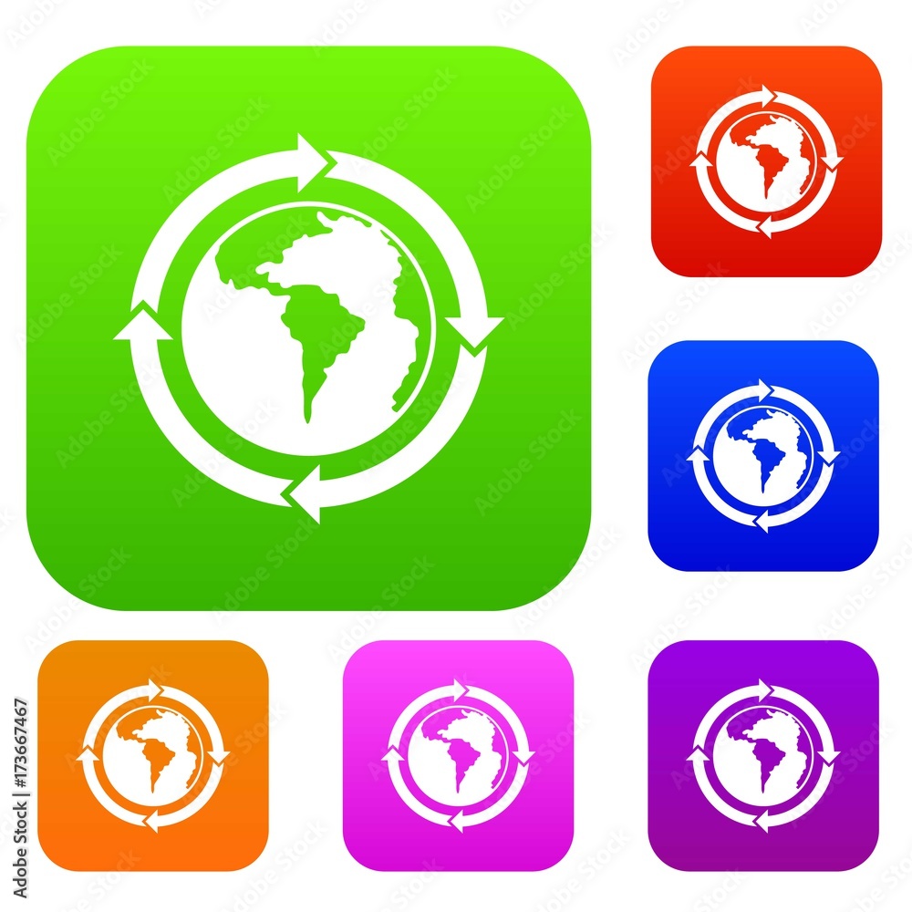 Poster round arrows around world planet set color collection
