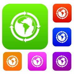 Round arrows around world planet set color collection