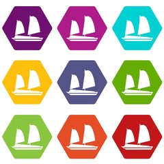 Vietnamese junk boat icon set color hexahedron