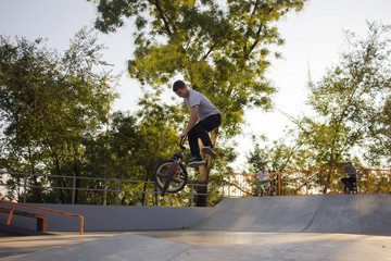 Group of young people with bmx bikes in skate plaza, stunt bicycle riders in skatepark 