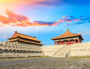 Fototapeta na wymiar Beijing forbidden city scenery at sunset,China,Chinese symbols