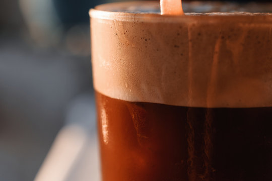 Cold Refreshing Greek Frappe Coffee With Foam And Bubbles Prepared With Vanilla Ice Cream
