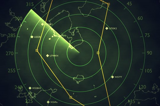 Military radar screen is scanning air traffic. 3D rendered illustration.