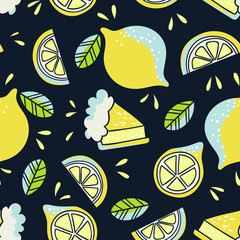 Hand drawn seamless pattern with lemons. Doodle wallpaper vector. Colorful and bright illustration with fresh fruits.