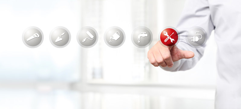 hand pushing on a touch screen interface repair symbol icon, web banner