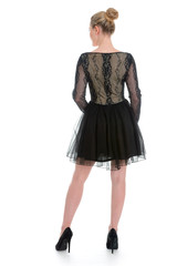 beautiful woman in black dress posing on white background