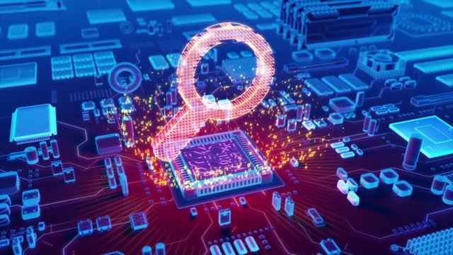 Futuristic animation of holographic magnifying glass symbol emerging from microprocessor on electronic circuit board