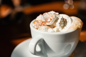 Close-Up Of Delicious Cappuccino With Fresh Whipped Cream And Cinnamon On Top