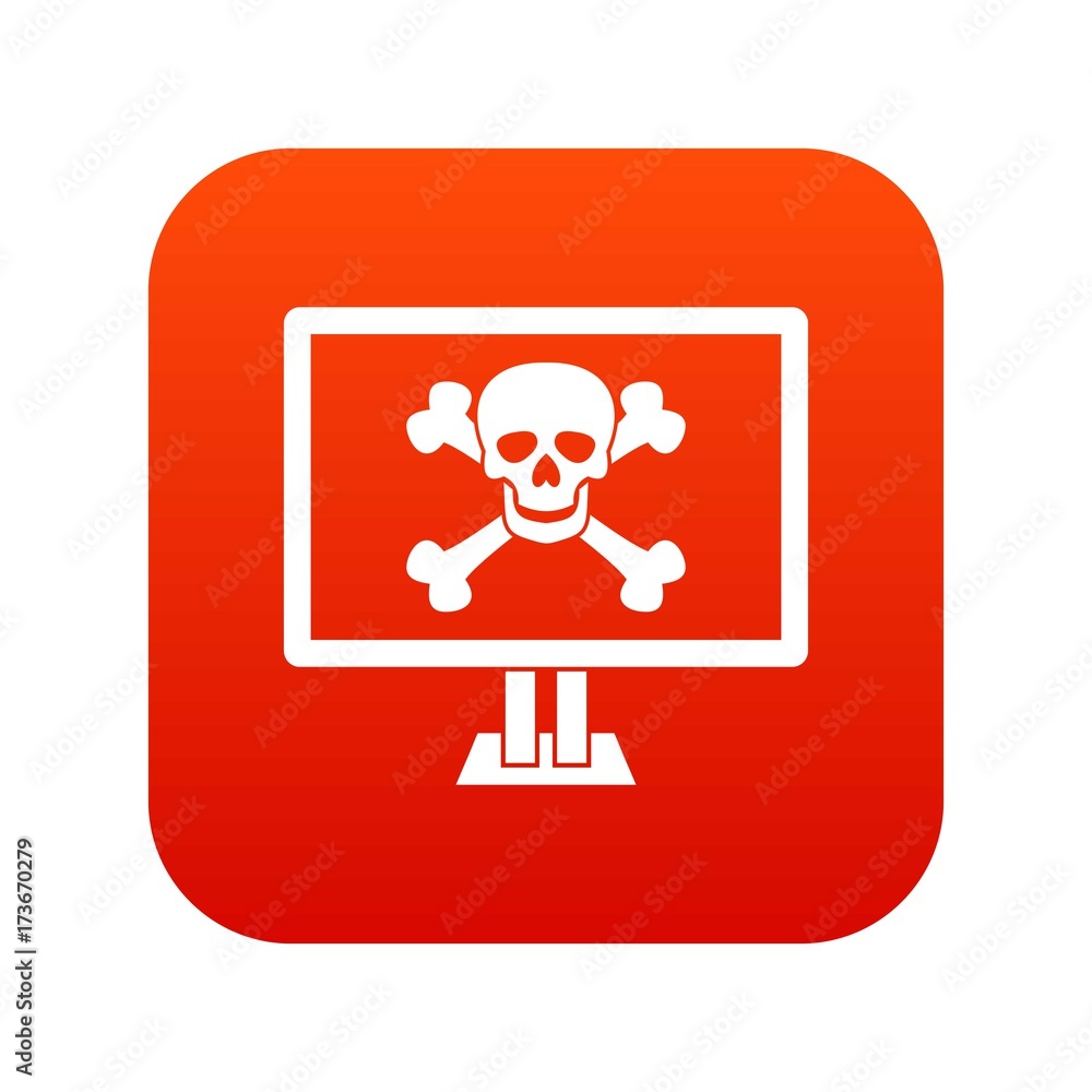 Poster computer monitor with a skull and bones icon digital red