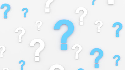 Blue and white question marks background. 3D rendering