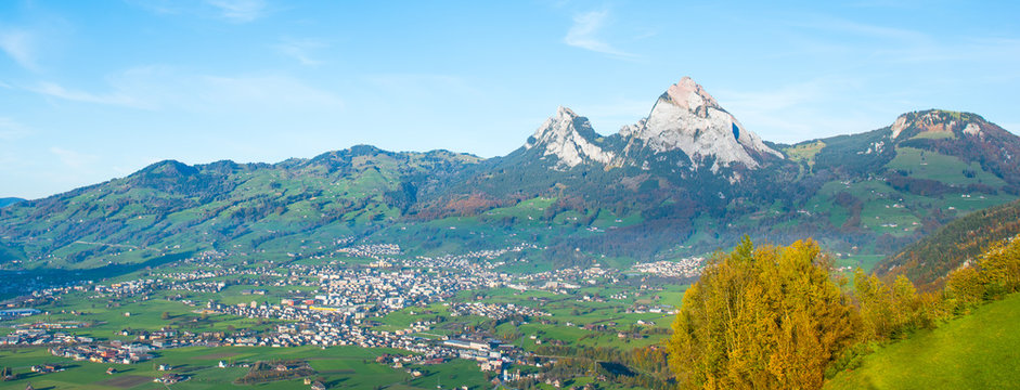 Alps of Central Switzerland.  Autumn day. Panorama of Canton Schwyz from  Morsch. Mountain peaks Mythen ( Grosse Mythe) is a mountain in the Schwyzer Alps of Central Switzerland.  Autumn day.