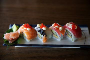 mix sushi rolls with tuna salmon shrimp sushi maki , japanese food