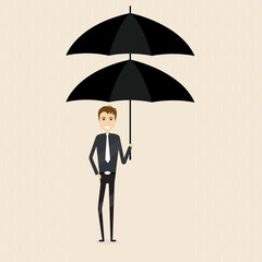 Manager,office worker or businessman holding double umbrella over him. Concept of business protection.Vector flat design illustration