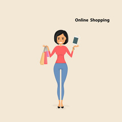 Young woman and shopping bags with smart phone on a background.Pretty woman purchasing products and making orders using a smart phone with shopping bags.Online shopping concept.