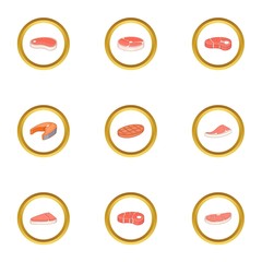 Piece of meat icons set, cartoon style