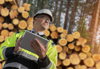 Forestry worker with digital tablet checking trees