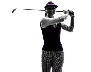 woman golfer golfing silhouette in white background