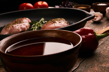 Fresh raw Chicken fillet in cooking pan