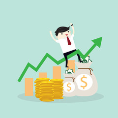 Young happy Business man sit on graph growth from money coin with icon of business and creativity. Business investment growth concept. start up - vector illustration