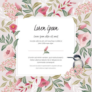  Vector illustration with a cute bird on a floral branch in spring for Wedding, anniversary, birthday and party. Design for banner, poster, card, invitation and scrapbook 