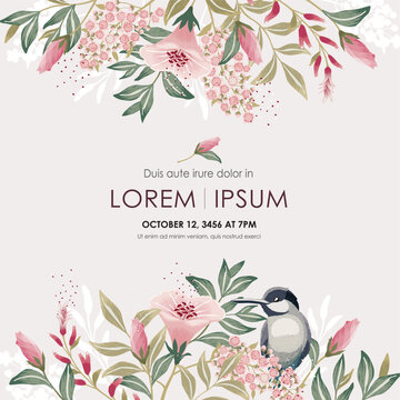  Vector illustration with a cute bird on a floral branch in spring for Wedding, anniversary, birthday and party. Design for banner, poster, card, invitation and scrapbook 