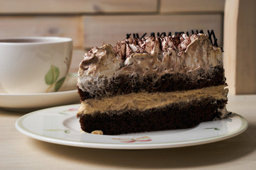Chocolate cake and cup of tea