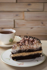 Chocolate cake and cup of tea