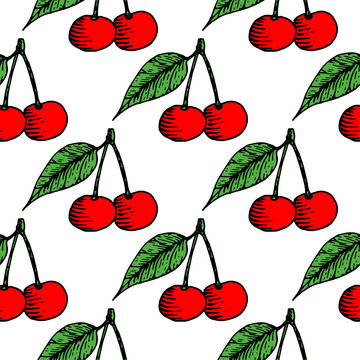 Red cherries. Seamless pattern. Hand drawn sketch