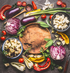 Vegetarian cooking ingredients for healthy cooking and eating . Various vegetables ingredients...
