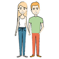 young couple standing avatars vector illustration design