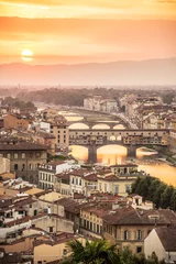 Poster Luchtfoto van Florence bij zonsondergang met de Ponte Vecchio en de rivier de Arno, Toscane, Italië © Delphotostock