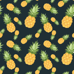 Seamless pineapple pattern with black background.