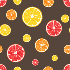 Citrus fruit seamless pattern with brown background.