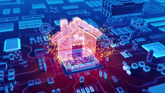 Futuristic animation of holographic house icon emerging from microprocessor on electronic circuit board