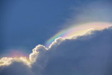 Fototapeta na wymiar Iridescent pileus cloud, rainbow clouds background