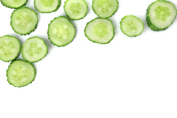 Slices of fresh cucumber on white background