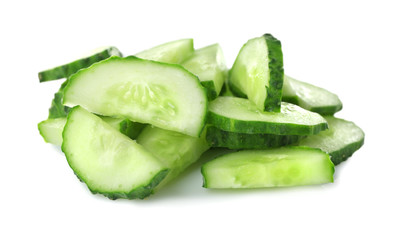 Slices of fresh cucumber on white background
